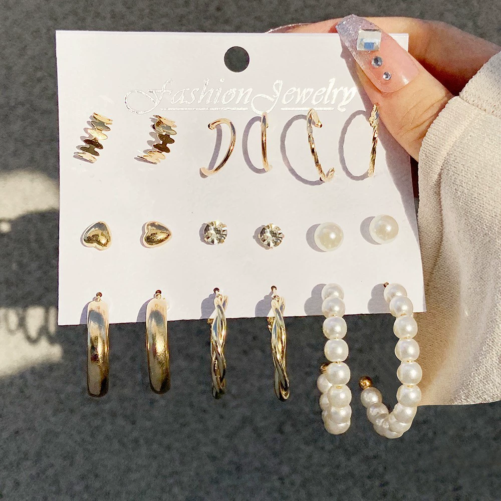 Earrings set 6-piece, European style simple elegant, metal fashion studs and dangles