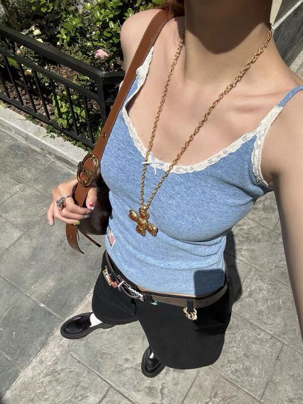 Simon Reiner V-Neck Slim Lace Western Style Suspender Song Yanfei's Same Blue Green Shoulder Strap Butterfly