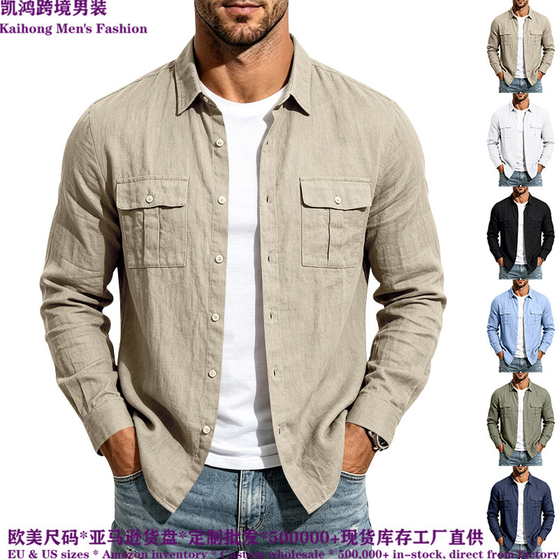 Cross-border independent station autumn men's solid color linen turn-down collar shirt, casual workwear pocket full-button long-sleeve shirt Cross-border independent station autumn men's solid color linen turn-down collar shirt, casual workwear pocket full-button long-sleeve shirt