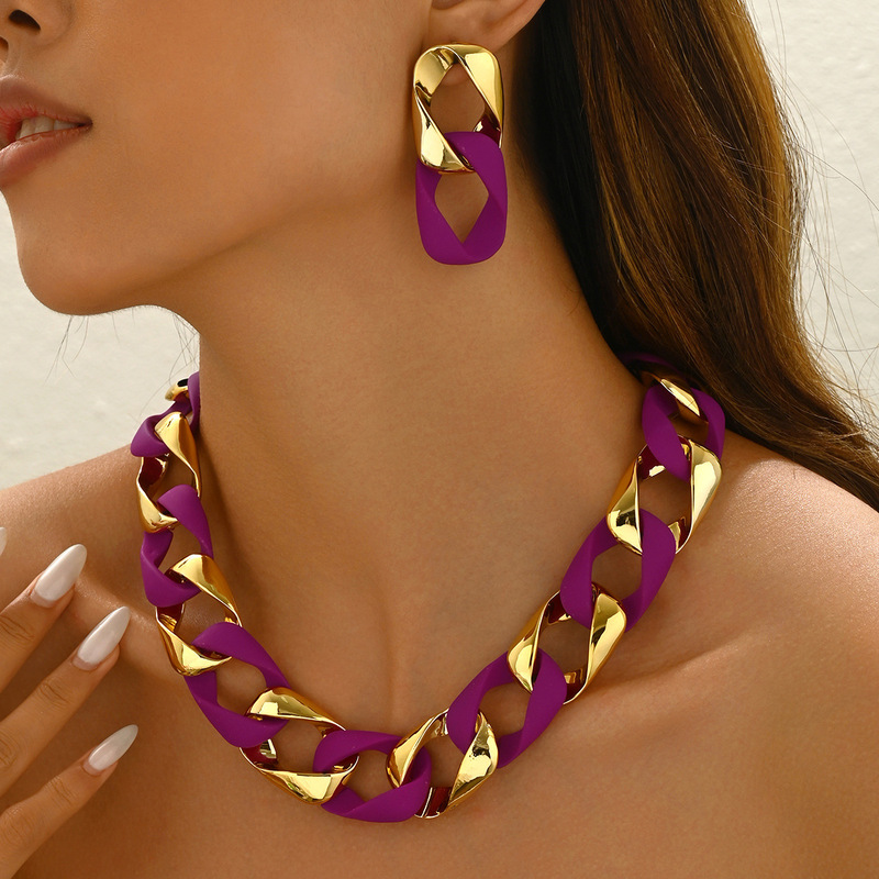 Frosted Matte Hollow Block Acrylic Cuban Chain Necklace Earrings suit Hip Hop Bright Color Stitching Jewelry Accessories