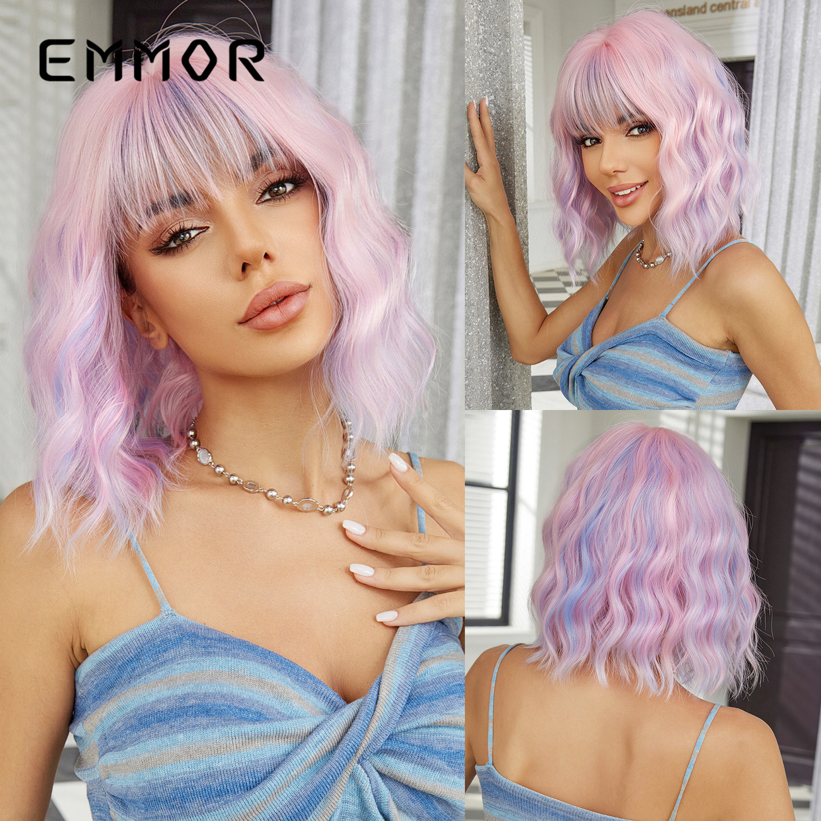 Peluca femenina pelo corto y rizado neto neto natural Qi flequillo realista Bobo cabeza dorada cubierta completa wigs spot