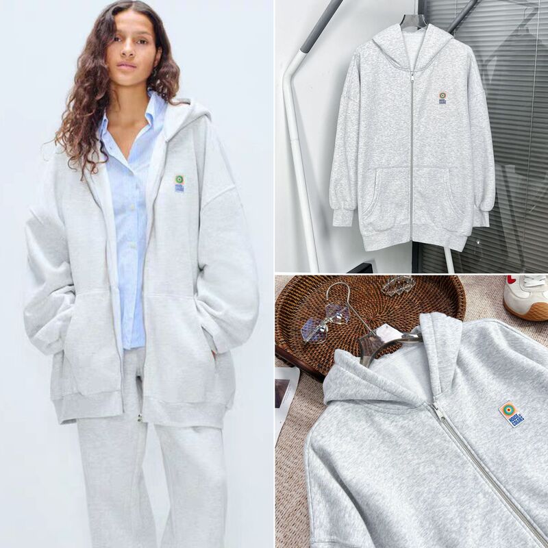House26 Early Spring Floral Gray Color Round Logo Oversized Hooded Fleece Zip-Up Mid-Length Sweatshirt Jacket for Women