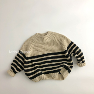 Marseille pullover ~ handmade thick needle ~ Korean autumn and winter children's striped sweater Western style men's and women's Treasure retro bottoming woven clothing