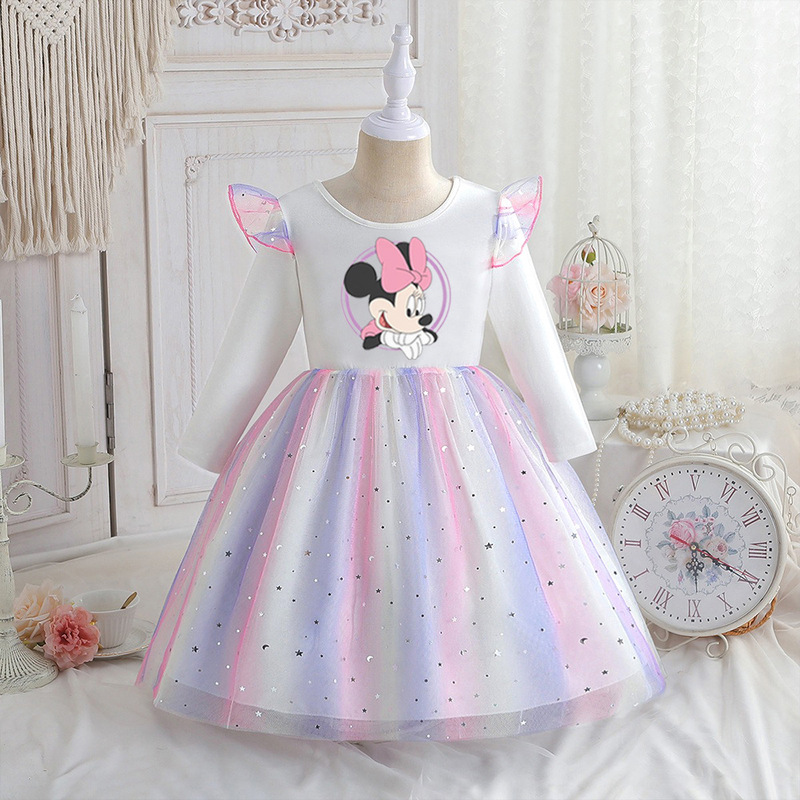 New Girls Dress Long-Sleeved Spring & Fall Kidsren's Skirt Cartoon Kidsren's Clothing Little Girl Princess Dress Minnie Mouse