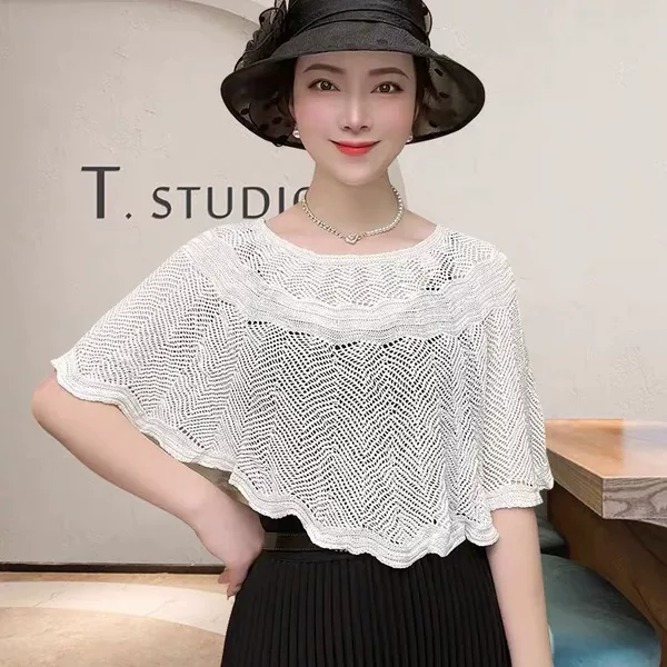 New suspender skirt short top Ice Silk hollow knitted cotton blouse women's loose shawl cervical support scarf outer wear