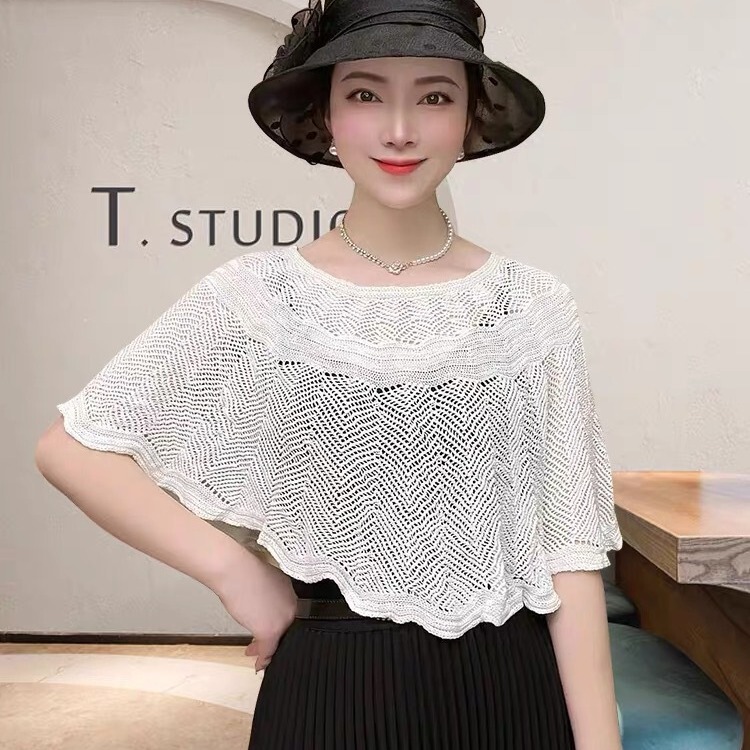 New Style Slip Skirt Short Top Ice Silk Hollow Knitted Cotton Blouse Women's Loose Shawl Cervical Scarf