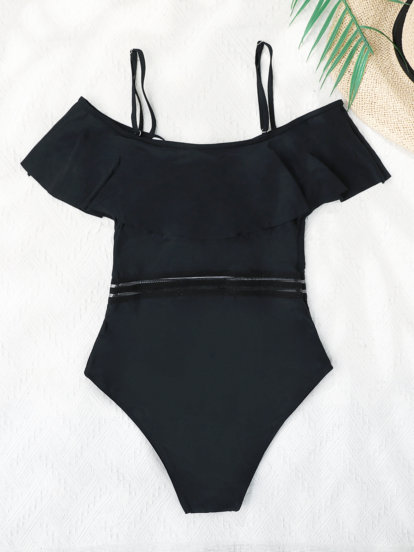 One-Word Neck Webbing Stitching High Waist One-Piece Swimsuit NSFPP114413