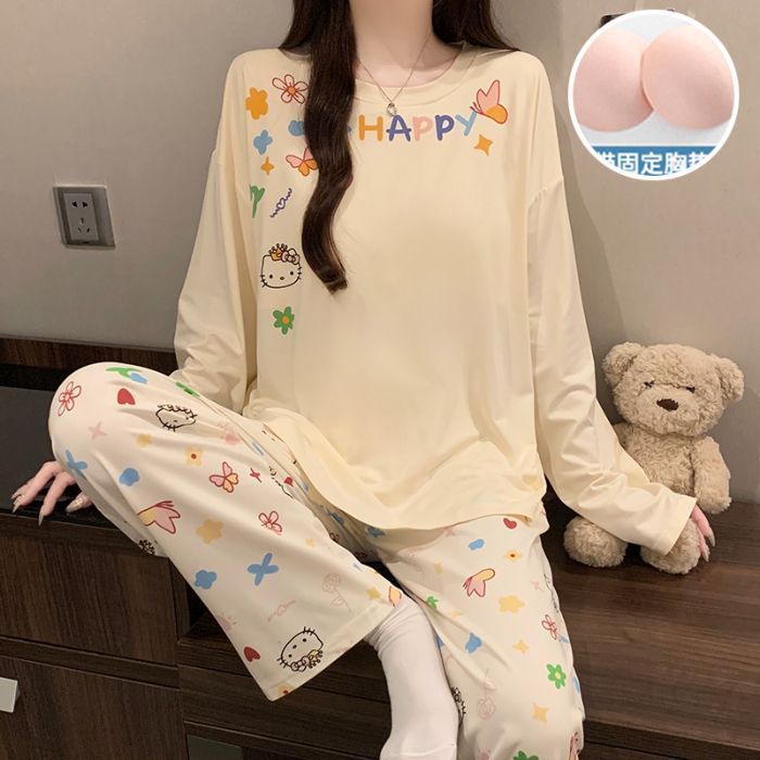 带胸垫睡衣女款春秋季仿棉可爱卡通长袖套装宽松少女家居服可外穿|undefined