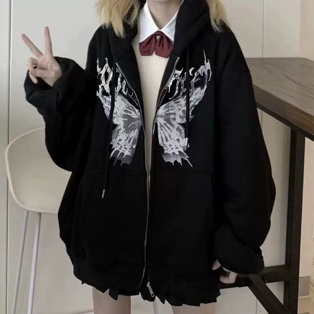 2023秋季连帽卫衣现货拉链卫衣欧美蝴蝶外套哥特风运动连帽卫衣