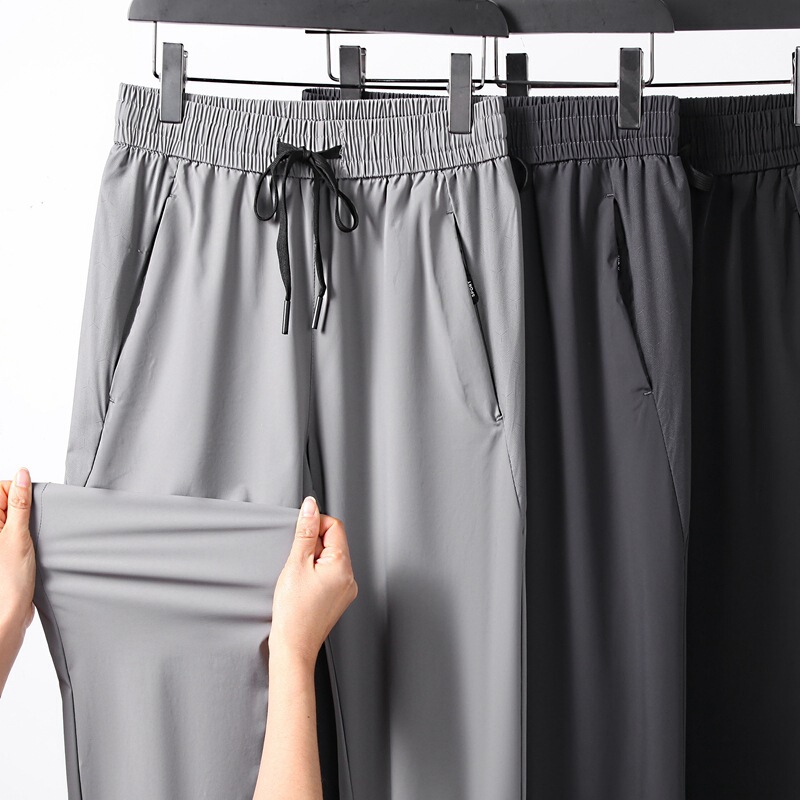 Plus-Size Men's Summer 2024 Sports Pants, Large Size, Extra Wide, Thin, Stretchy Ice Silk Pants for Big Guys