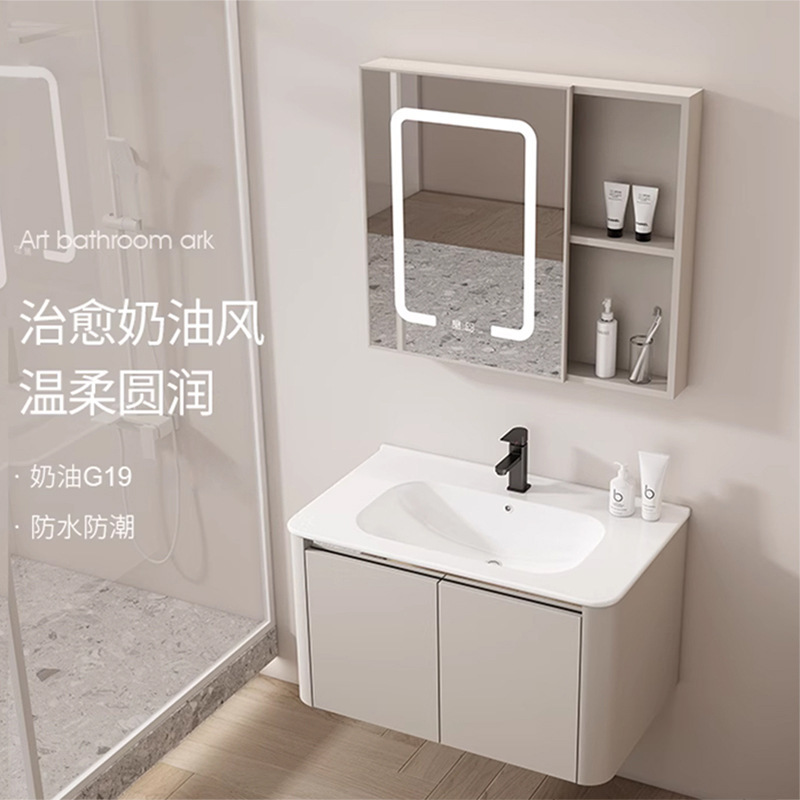 Instalación de aire de crema de aluminio espacio gabinete de espejo de baño combinación cerámica moderna lavabo lavabo gabinete de baño fabricante