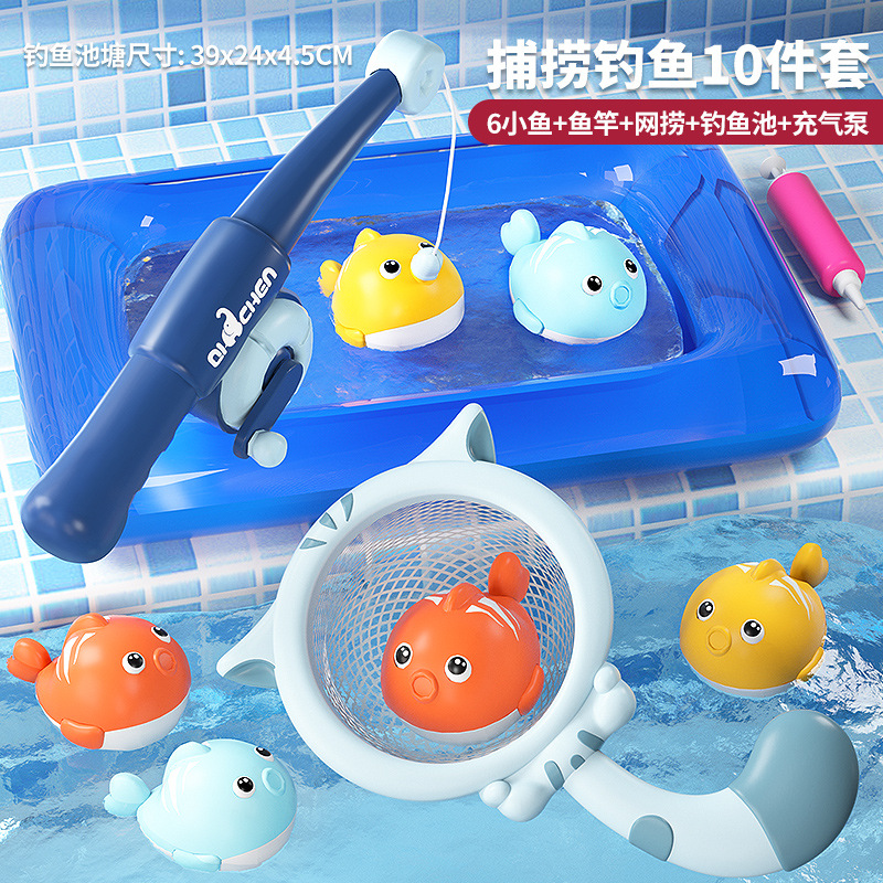 Q03 업그레이드 모델 [10 조각 세트] 6 작은 물고기 낚싯대 그물 낚시 연못 공기 펌프