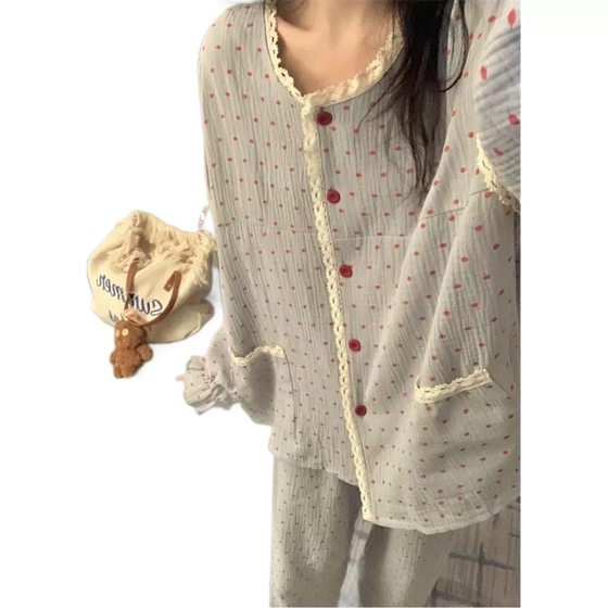 Real shot 2025 spring new sweet cute wave point long sleeve home clothes pajamas suit foreign trade wholesale