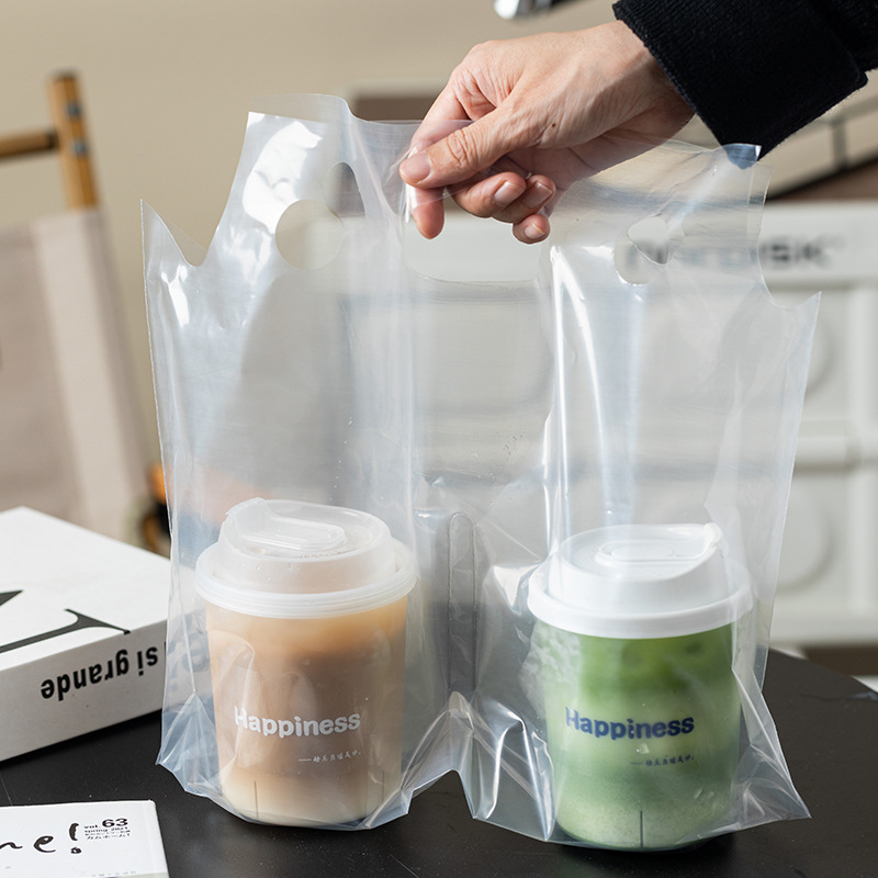晶知奶茶打包袋外卖袋子饮料咖啡单杯双杯袋一次性透明加厚塑料手