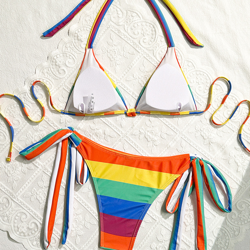 Bikini a righe arcobaleno – Costume da bagno sexy a vita alta (taglie S-L, poliestere-spandex, senza ferretto, per spiaggia e piscina)_voghion.com