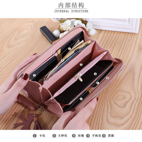  New Wallet Long Ladies Zipper Wallet Female Korean Style Stitching Contrast Color Tassel Versatile Card Holder Mobile Phone Bag