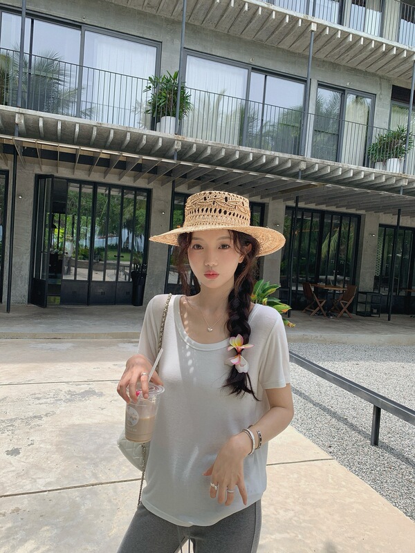 张贝贝ibell天丝羊毛宽松显瘦正肩柔软空气感U领凉凉T女轻薄透气|undefined