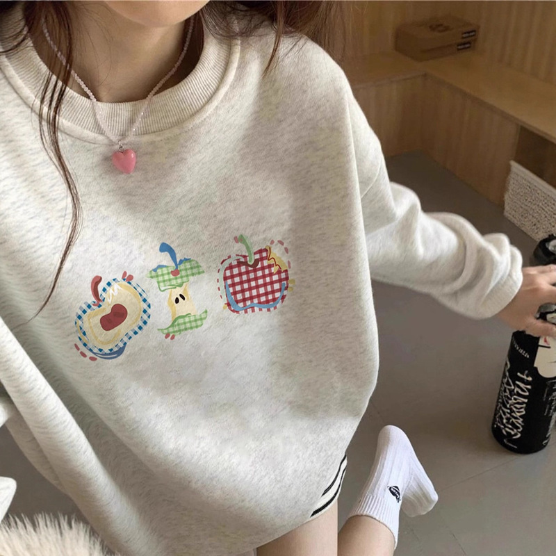 Plaid Apple Graffiti Print Round Neck Long Sleeve Sweater Women's Autumn and Winter 2025 New Loose Lazy Style Chic Top
