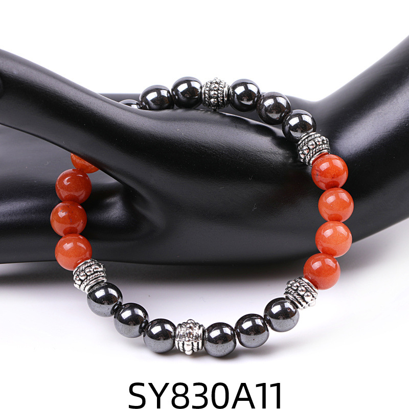 SY830A11 Red Aventurine + Black Iron Ore Drum Bead Bracelet