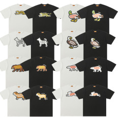 国境を越えた貿易新製品日本のレトロな竹綿ラウンドネックルーズTシャツ漫画動物プリント半袖