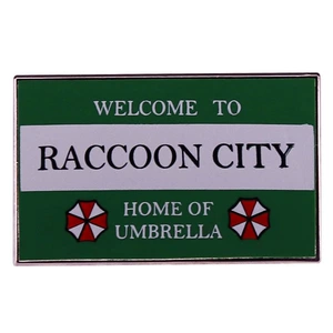 Welcome to Raccoon City Umbrella House Enamel Pin Green Road Sign Badge