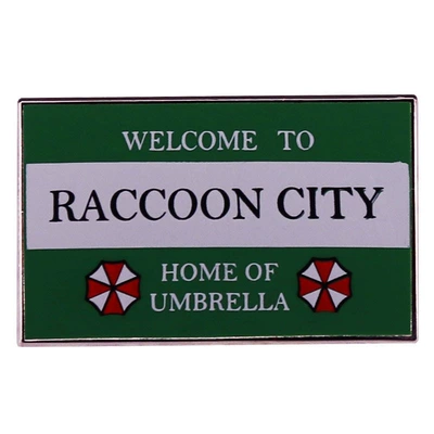 Welcome to Raccoon City Umbrella House Enamel Pin Green Road Sign Badge