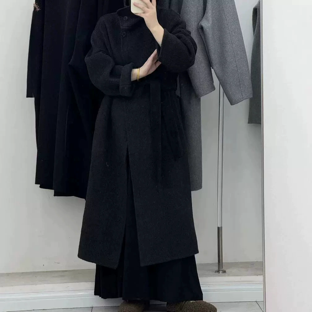 2024 новый воротник с лацканом высокого класса корейская двухсторонняя шерстяная кашемировая осенняя и зимняя пальто женская свободная длинная модель