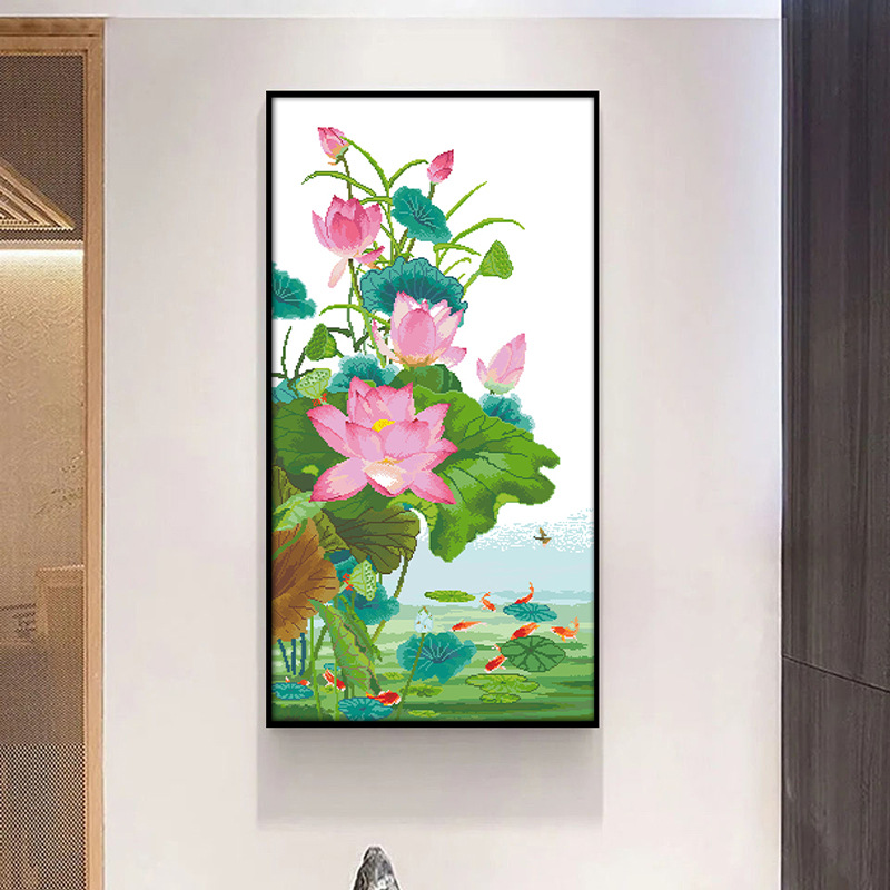 Auténtico Punto de Cruz de la Mona Lisa, Peces en el Estanque de Loto, Nuevo Estilo Chino, Bordado Hecho a Mano, Pintura Decorativa, Peces Koi image 2