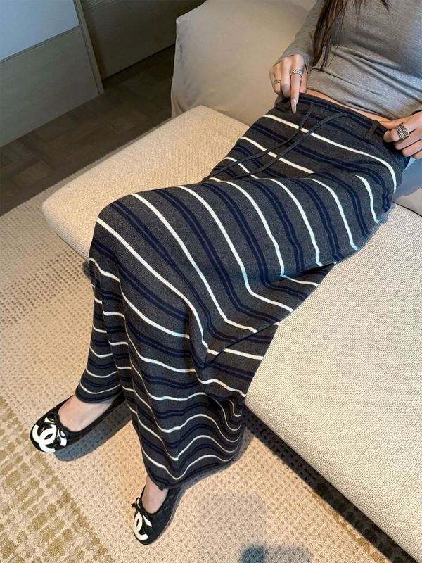 3902# superniniyy 撞色条纹裙& 配色显瘦软糯针织裙半身裙长裙|undefined