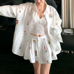 月野花笺 超美仿亚麻花朵刺绣拼蕾丝衬衫半身裙长裤套装