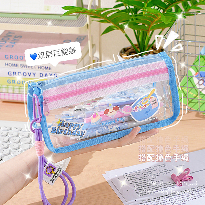 Bolsa de lápices transparente de color de contraste infantil especial para examen de ingreso a la escuela secundaria de gran capacidad bolsa de papelería de examen de ingreso a la universidad caja de lápices simple de alto valor