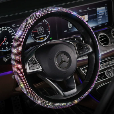 Car decorative rhinestone handbrake gear shift cover, diamond-encrusted handle cover, full-diamond seat belt shoulder pad, steering wheel cover, headrest cover (Sürətlər qutusu və əl tormozu başlıqları) - colorful-diamond-steering-wheel-cover