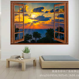 3D仿真假窗红木框天空自粘墙贴风景画客厅沙发背景墙装饰风景画