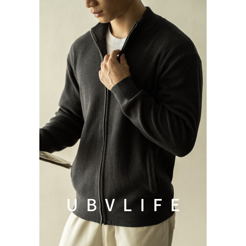 Black Knitted Sweater 2026 New Autumn Zipper Jacket Men's Retro Stand-Up Collar High-End Sweater Casual