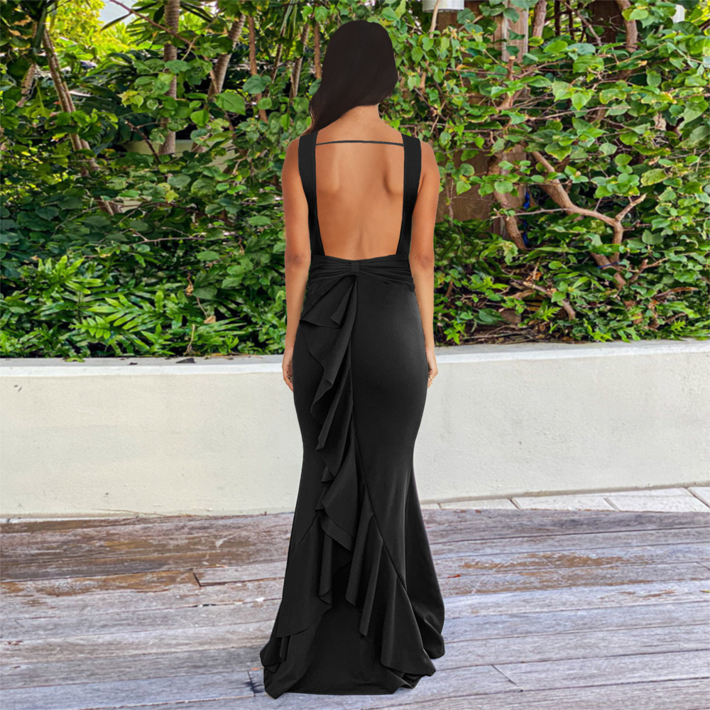 sleeveless tight backless ruffle fishtail solid color prom dress NSHYG125291