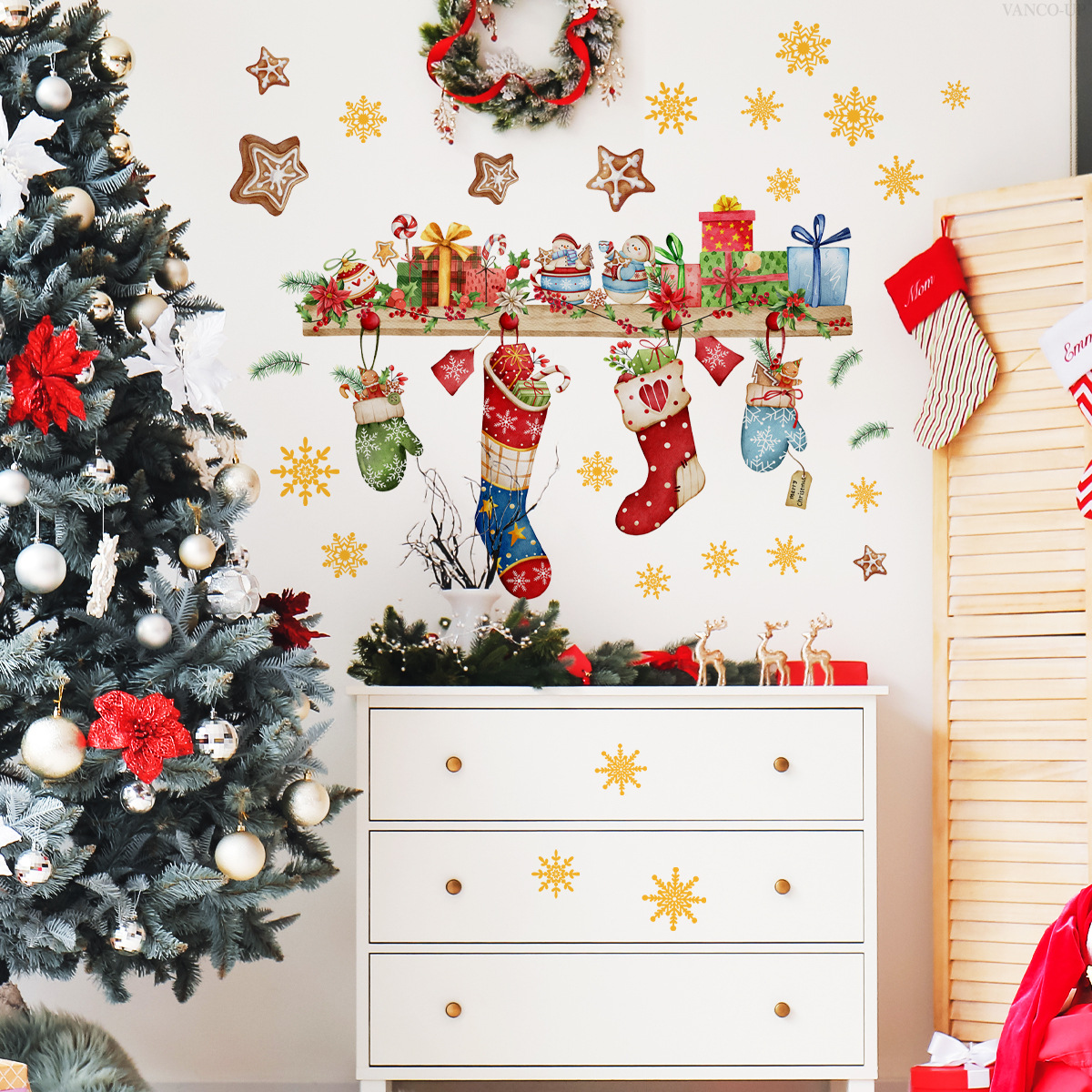 Christmas Star Fireplace Wall Sticker Holiday Room Decoration_voghion.com