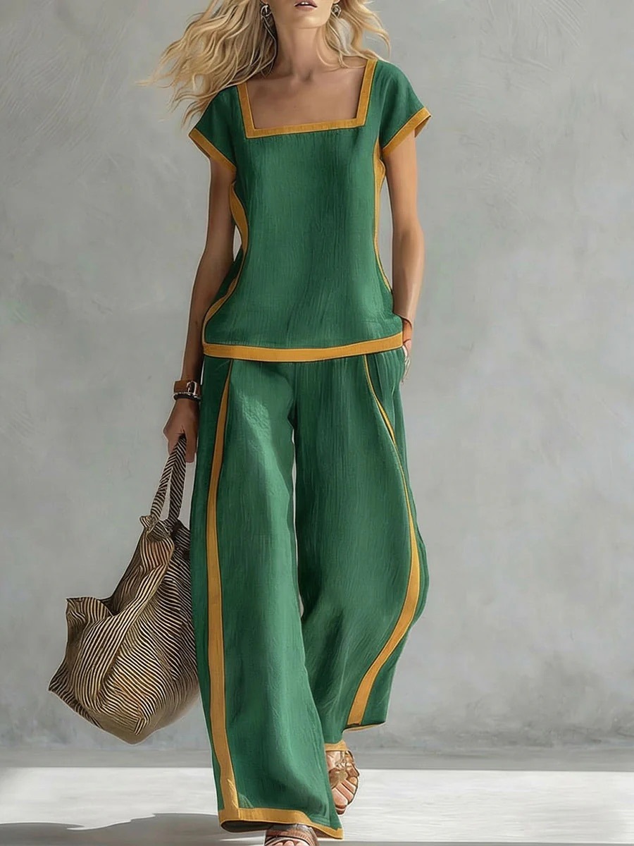 Women's Clothing Women's Cotton Linen Set Square Neck Short Sleeve Top High Waist Casual Loose Trousers Style_ecoleips.com