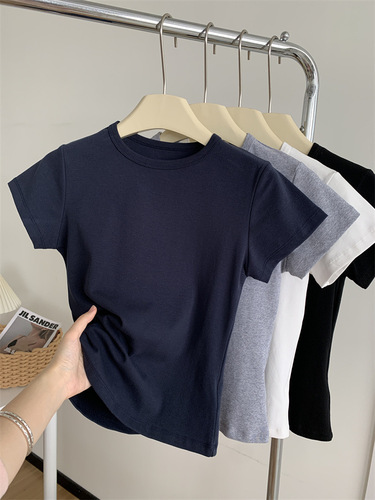 Slimming Round Neck Regular Shoulder Women's T-shirt 2024 Summer New Basic Matchable Solid Color Cotton Base Short Sleeve