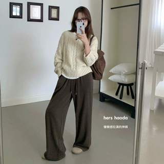 秋冬新款糯米裤3.0版加绒女士松紧高腰显瘦显腿长舒适休闲拖地裤