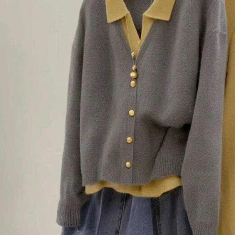 Lazy Style Early Autumn Outfit Fake Two-Piece Contrasting Color Knitwear Sweater Small Fragrant Gray Women's Jacket Top