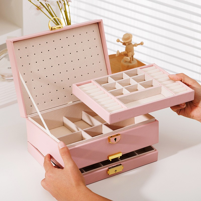 Nueva gran capacidad de cuatro capas caja de joyería caja de almacenamiento de joyería de cuero hogar pendientes anillo caja de almacenamiento de joyería