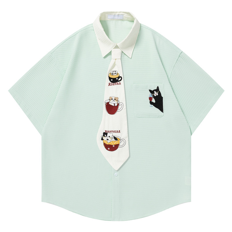 Waffle Cat Embroidered Tie Short-Sleeve Shirt for Women 2026 Summer Loose Korean Style Ins Student Shirt Top Waffle Cat Embroidered Tie Short-Sleeve Shirt for Women 2026 Summer Loose Korean Style Ins Student Shirt Top