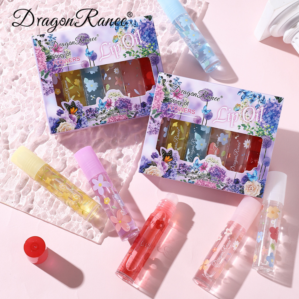 Dragonranee Cross-Border Small Flower Rolling Lip Balm 6-Piece Set Transparent Colorless Lip Balm Moisturizing and Moisturizing
