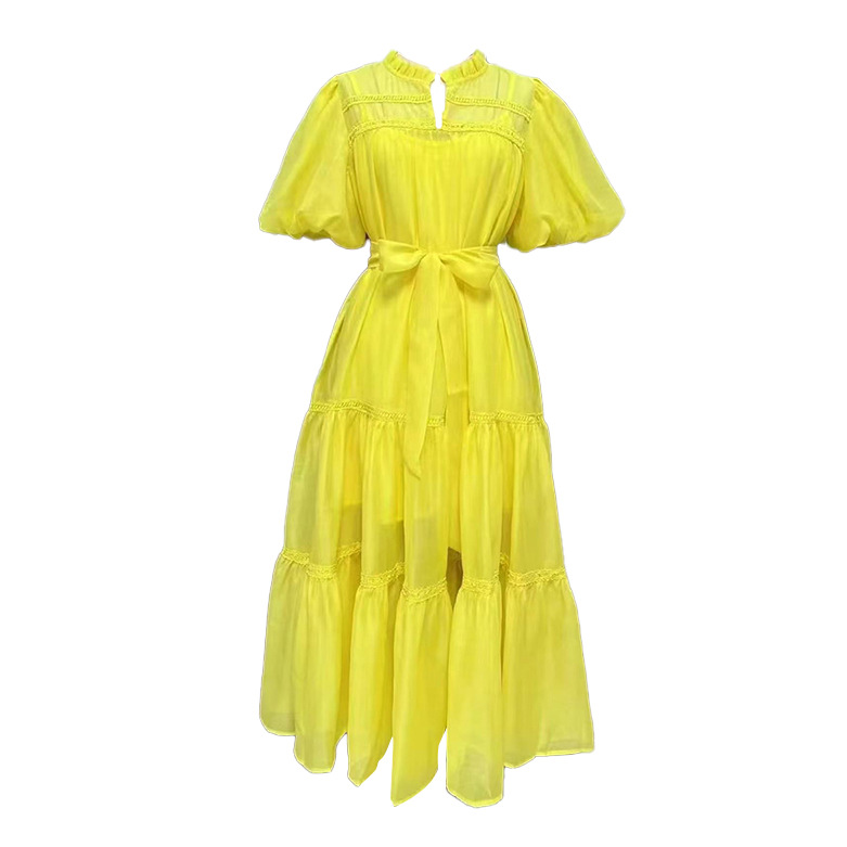 Simple Retro Maxi Dress Crew Neck Hollow Out Cutout Puff Sleeve Lace up Dress 26 Simple Retro Maxi Dress Crew Neck Hollow Out Cutout Puff Sleeve Lace Up Dress