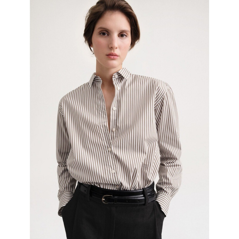 Longmei Pure Cotton Loose Striped Shirt for Women 2026 Early Spring New Tot Style Simple Commuter Turn-Down Collar Long-Sleeve Top