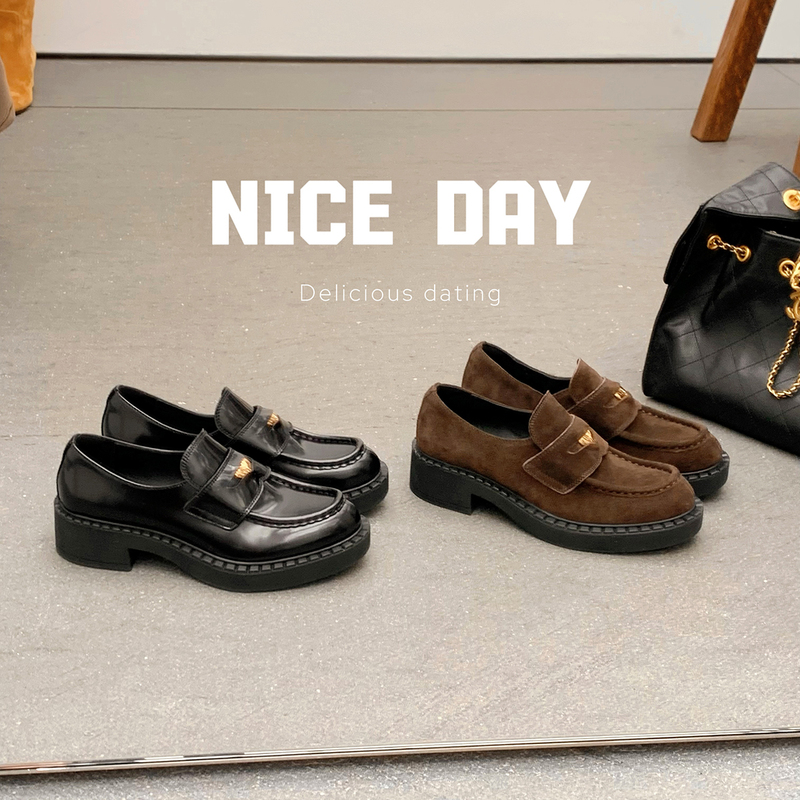 Grape Mom's Same Style Height-Increasing 5cm~ Chunky Heel Small Coin Loafers Women's Leather Shoes