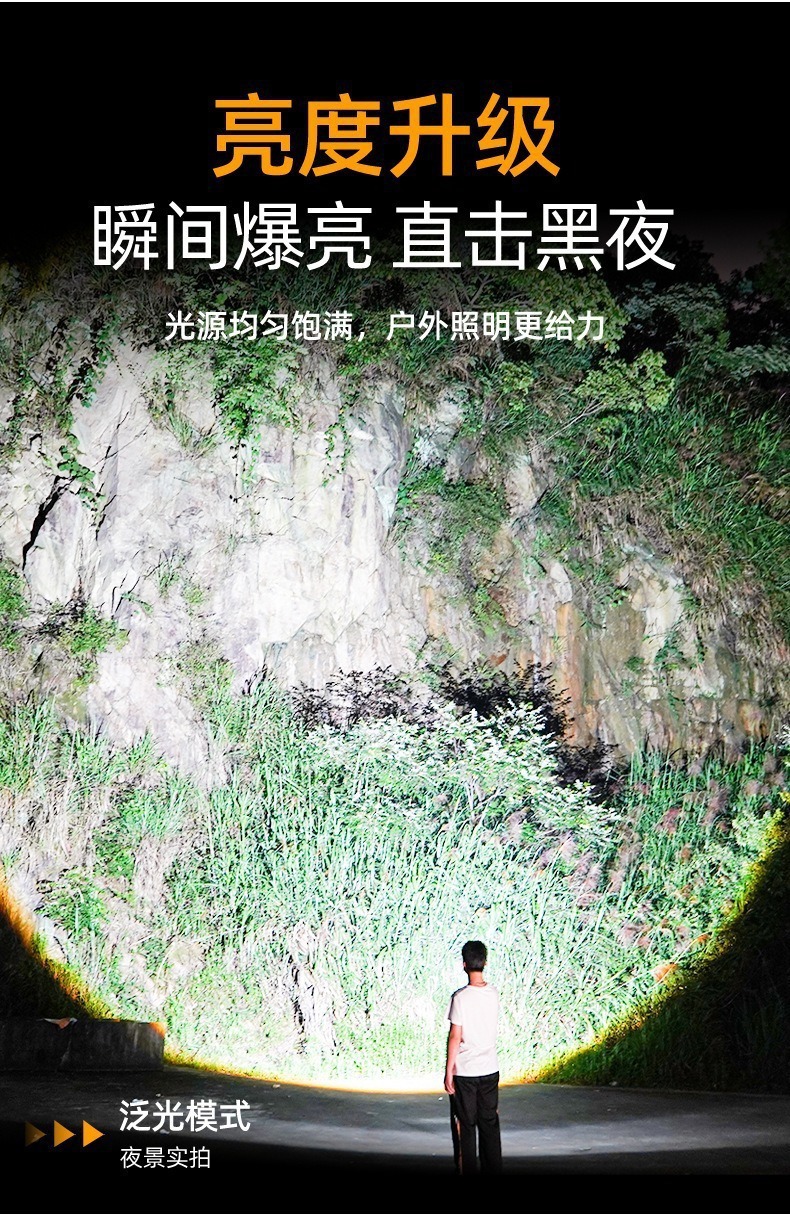 Cross-border high-brightness flashlight for outdoor mountain climbing and exploration, long-lasting lighting, waterproof, rechargeable, digital display flashlight