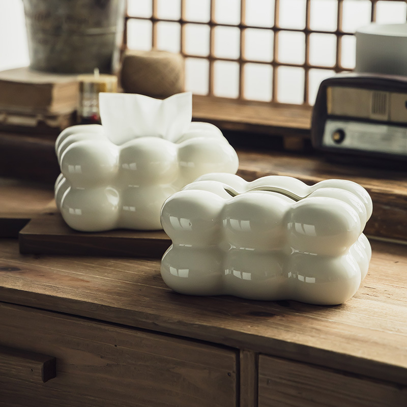 [Estilo crema de lujo ligero] Caja de pañuelos de cerámica Caja de dibujo de mesa de comedor de alta calidad Decoración del hogar Caja de papel de servilleta de sala de estar