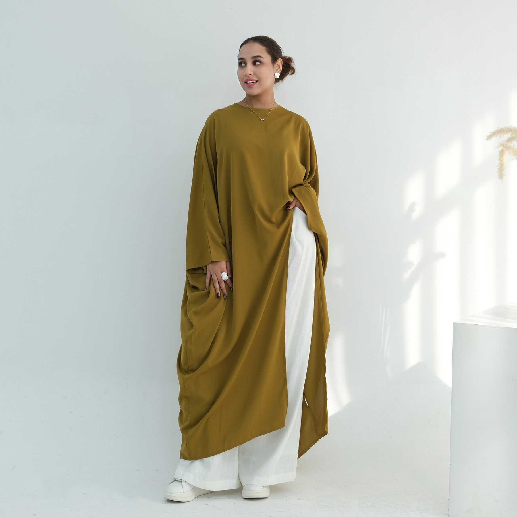 Voya Women's Oversized Modest Robe - Loose Fit Asymmetric Top With Crew Neck, Solid Color Longline Cardigan, Casual Loungewear, Elegant Daily Wear,_ecoleips.com