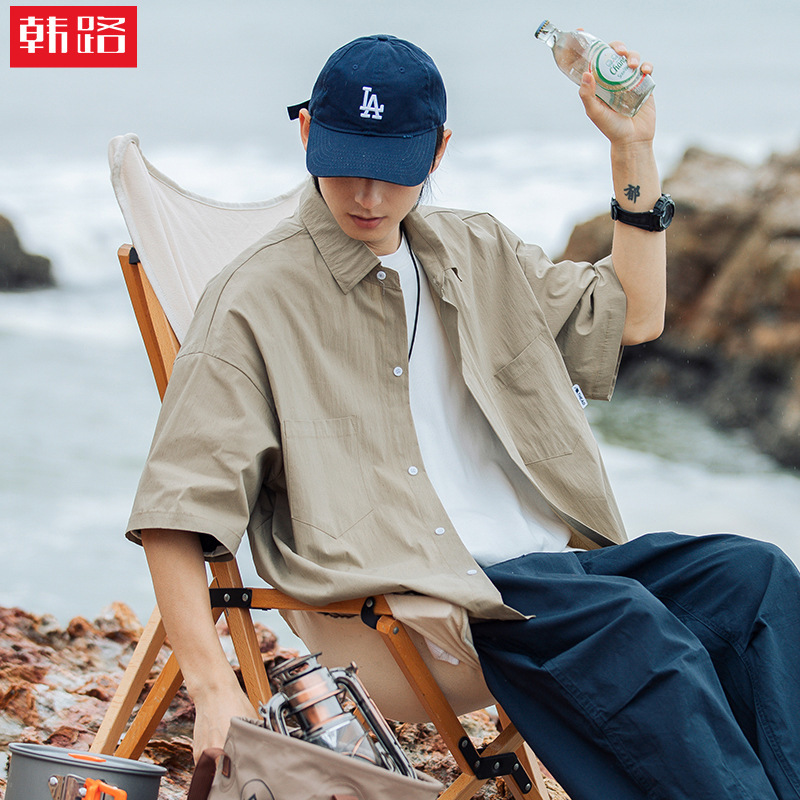 Han Road Men's Double Pocket Design Short Sleeve Shirt Retro Loose Solid Color Simple Casual Fashion Brand Japanese Style Shirt Q